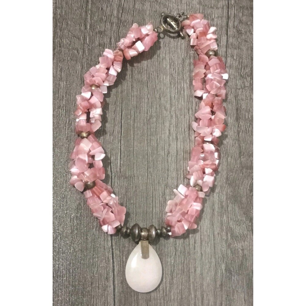 950 Silver Southwestern Rose Quartz Cat Eye Glass Bench Bead Necklace Tested